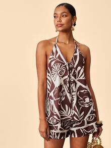 Travachic Women's Tropical Plant Print Tie Front Halter Top And Shorts 2 Pieces Set, Spring Break Summer Beach Casual Vacation