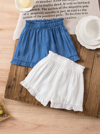 2pcs Baby Girl Cute Vacation Casual Solid Color Elastic Waist Shorts Set