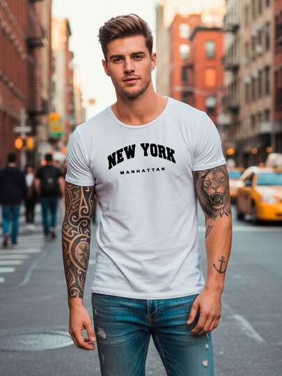 Camiseta para hombre de 100% algodón, manga corta y cuello redondo, cómoda y suave ideal para toda ocasión Primavera Verano Otoño Invierno con diseño estampado de Ciudades NY New York Nueva York Manhattan