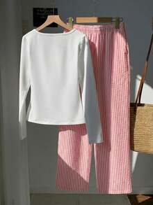 Comfortcana 2026新款春夏女式休闲刺绣细节纽扣上衣和条纹裤两件套，粉色春季套装，适合海滩、感恩节、新年、圣诞节和其他场合。 - 粉色 - 查看 2