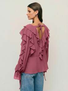 Nöista Elegant Dusty Mauve Chiffon Long-Sleeved Ruffled Top,Autumn Dinner Date Top For Parties And ,Layered Or Worn Alone - Dusty Pink - View 2