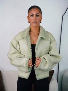 SAYEHFBABY 羊毛绒翻领夹克，夏季，甜美机场假日秋季街头风，秋冬，返校季办公室工作日常圣诞节 - 綠色 - 查看 1