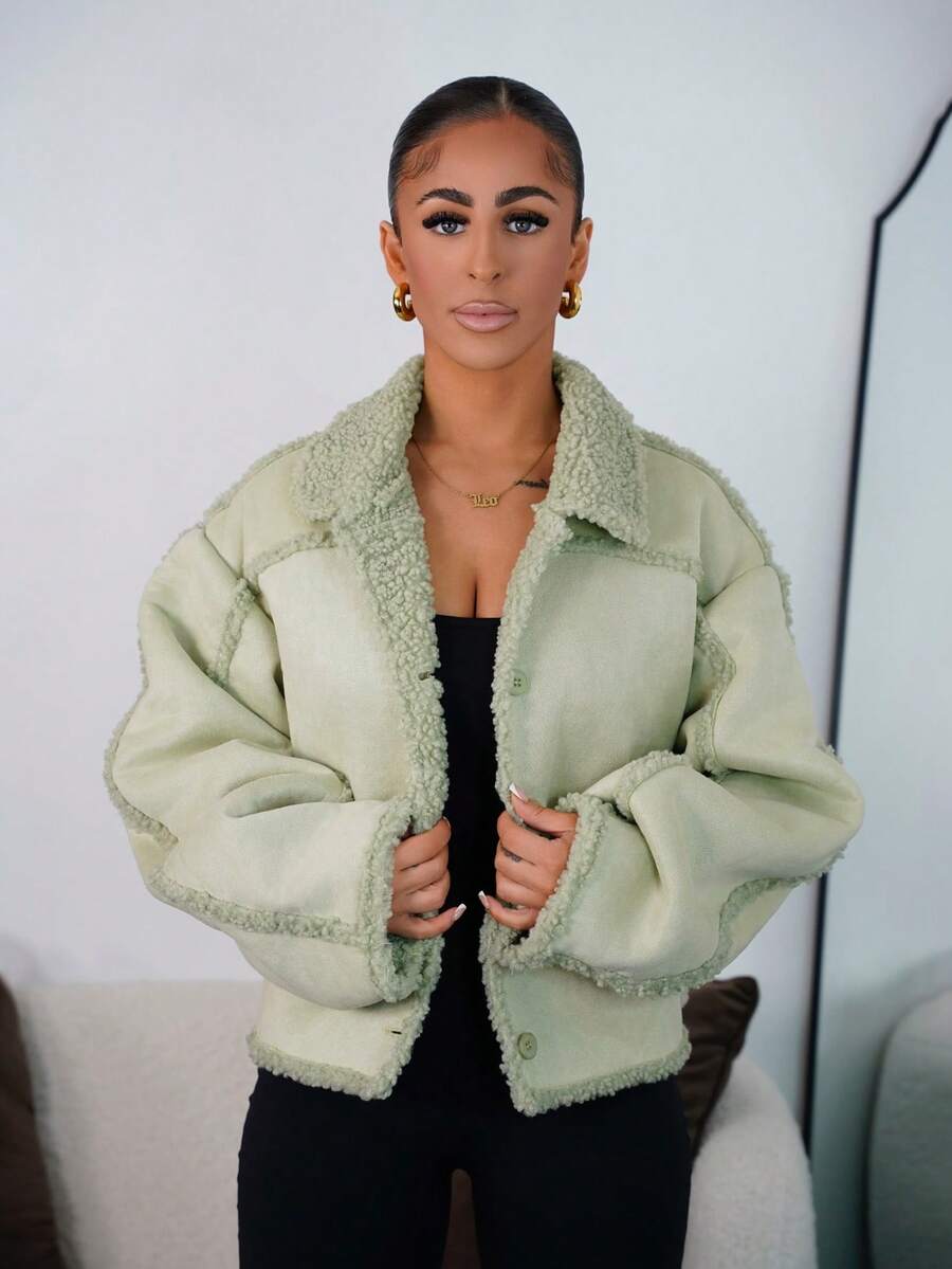 SAYEHFBABY 羊毛绒翻领夹克，夏季，甜美机场假日秋季街头风，秋冬，返校季办公室工作日常圣诞节 - 綠色 - 查看 1