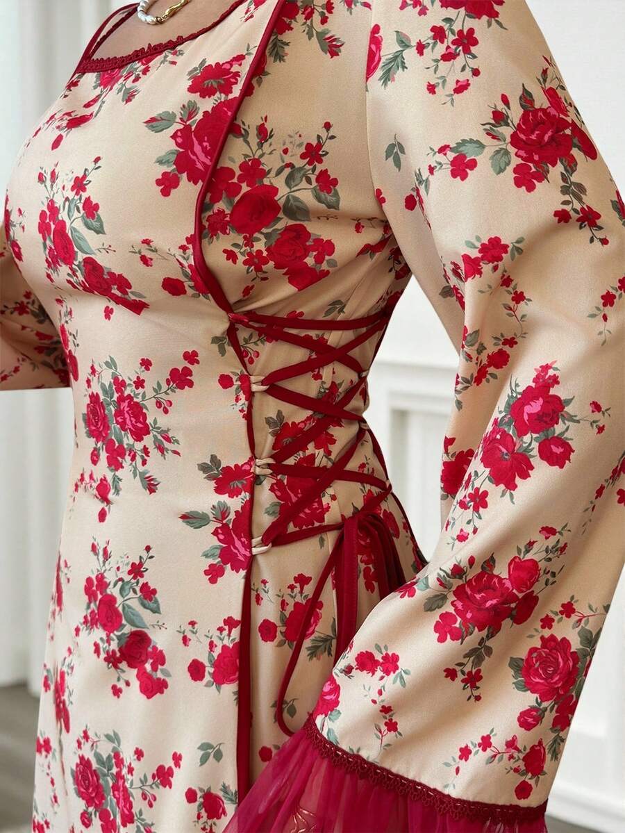 Yasmyna 女士印花方领喇叭袖腰带设计优雅阿拉伯连衣裙