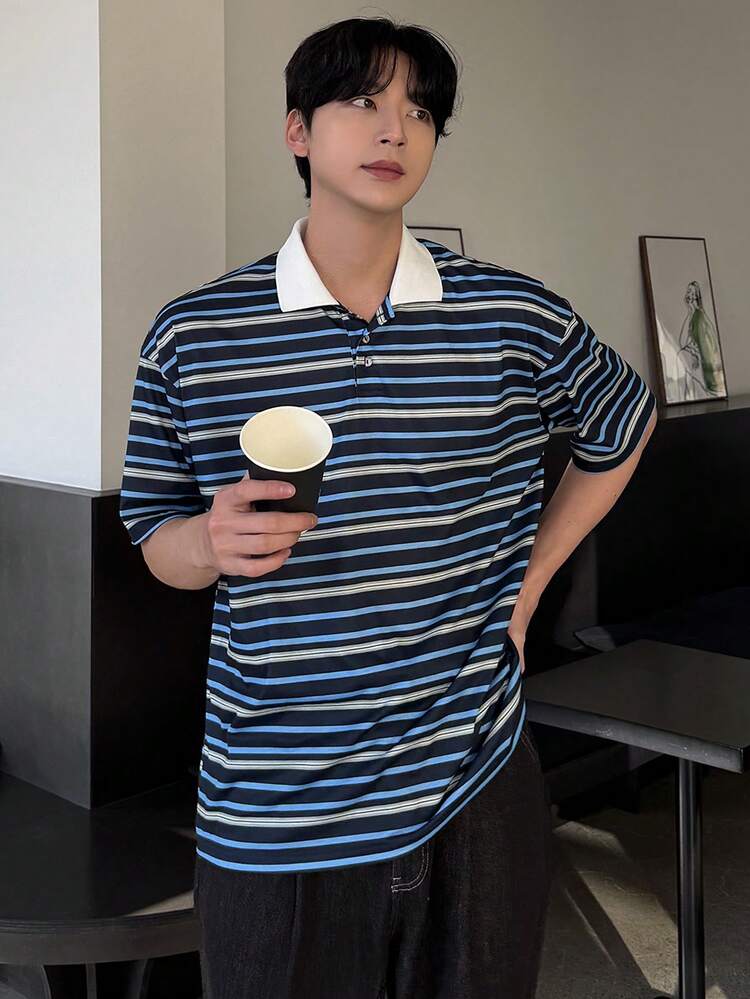 Men's Striped Patchwork Collar Polo Shirt, Summer