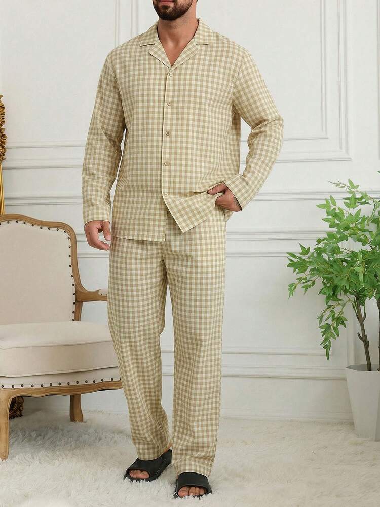 Plaid Beige Long Sleeve Shirt And Pants Pajama Set For Men, Spring/Autumn