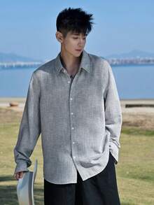 DAZY Áo sơ mi nam thêu, màu xám, tay dài, thích hợp cho mùa xuân/hè. - Xám - Xem 5