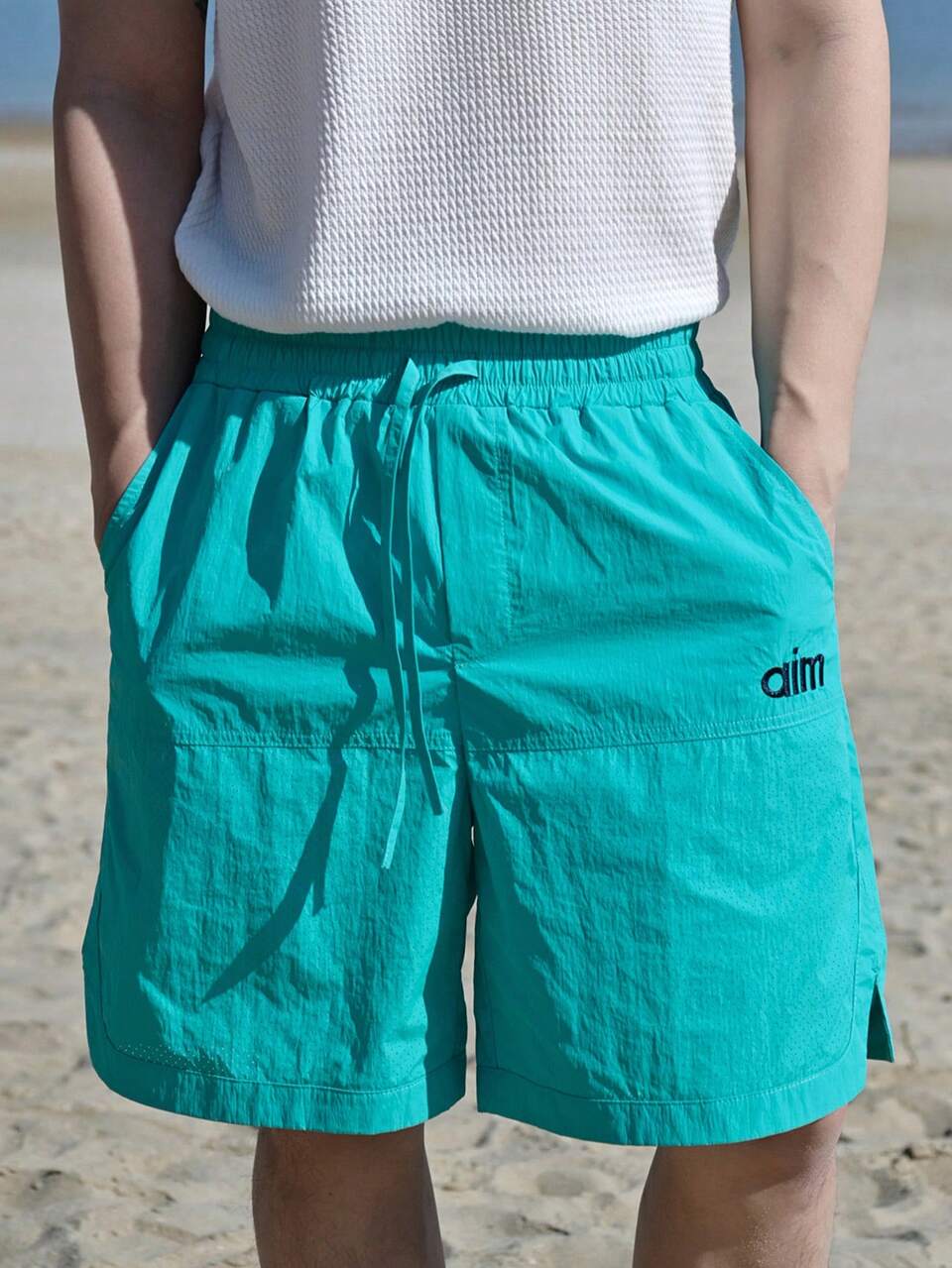 Men's Blue Letter Embroidery Mesh Lining Casual Shorts, Summer Vacation