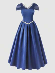 Pitira 少女藏蓝色纯色网纱拼接水钻装饰腰部修身A字连衣裙，适合晚宴、婚礼等场合 - 寶藍色 - 查看 8