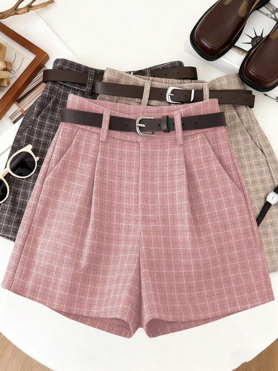 Franclia 女士复古格纹褶裥短裤，带腰带环，优雅秋季之选 - 粉色 - 查看 1