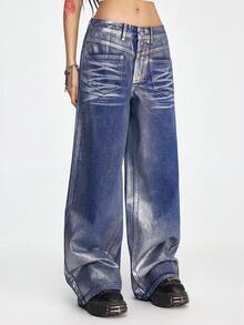 ROMWE Grunge Punk Quần jeans ống rộng dáng suông màu bạc ánh kim kiểu dáng tương lai - Màu xanh lam - Xem 5