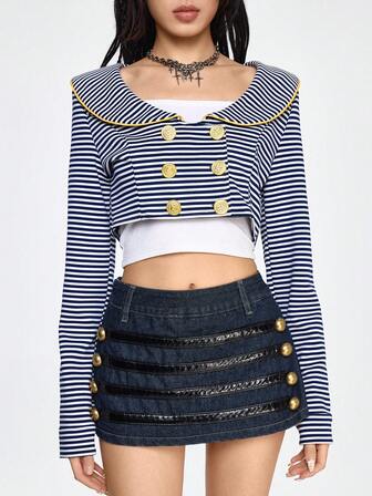 Grunge Punk Retro Nautical Navy Blue & White Striped Open Front Short Lightweight Jacket