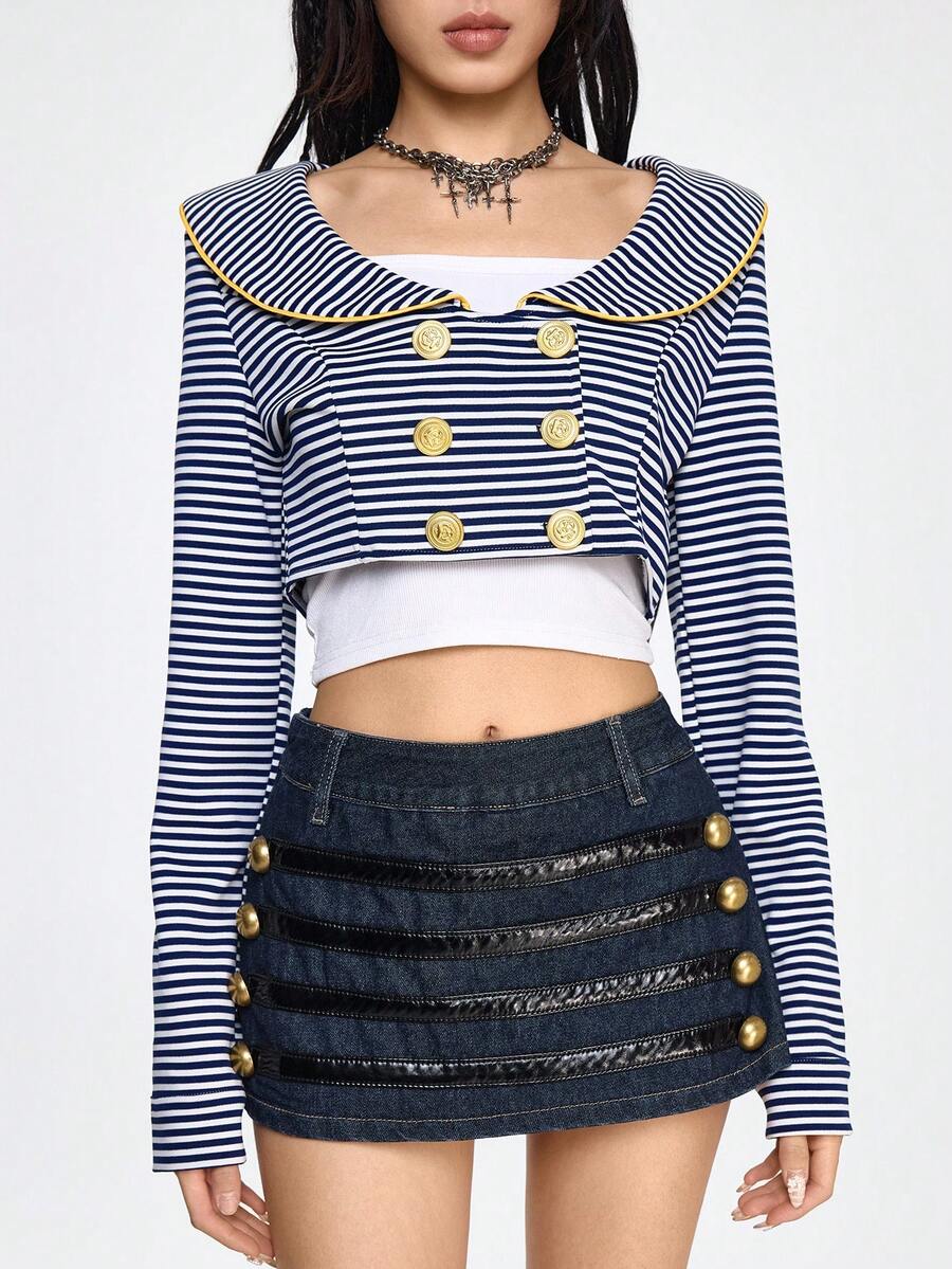 ROMWE Grunge Punk Retro Nautical Navy Blue & White Striped Open Front Short Lightweight Jacket - Blue and White - View 1