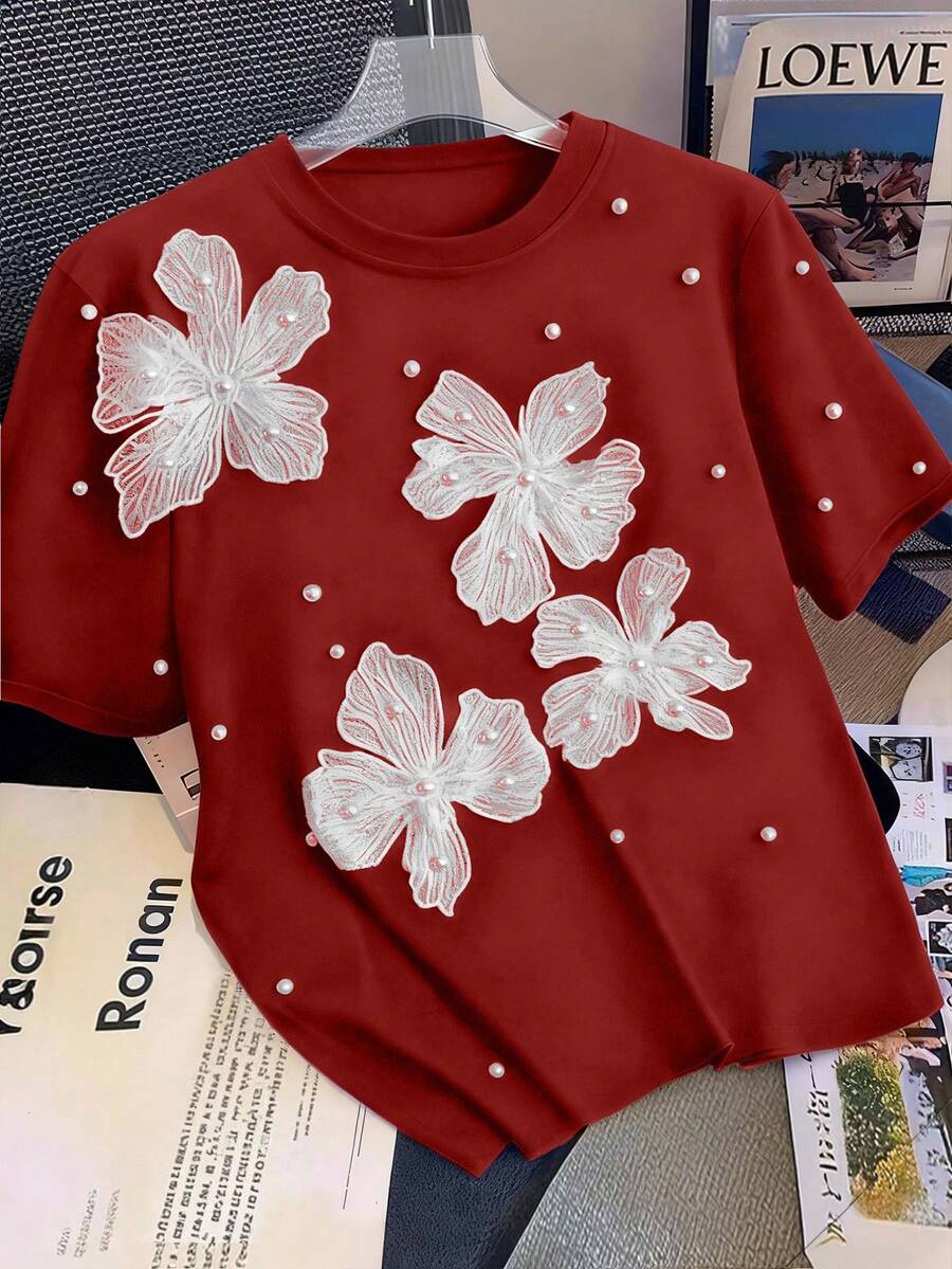 SHEIN Tall CURVE 大码女式夏季水钻装饰圆领T恤 - 紅色 - 查看 1