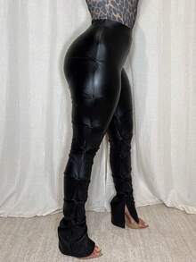 Dayanna Comas 女士时尚街头风高腰褶裥开衩修身皮裤 - 黑色 - 查看 6