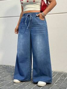 Muchica Plus Size Women's Fashion Washed Straight Pocket Jeans Date, Commute, Party,Fall /Autumn/Winter/Summer,Christmas,New Year,Thanksgiving,Party,Wedding,Beach,Graduati,Chic,Elegant,Casual,Going Out,Date,Appointment,Commute,Shining,Valentine's Day,Elegant ,Vacation,Casual,Y2k,Sexy - Blue - View 6