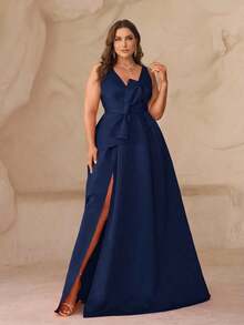 SHEIN Belle Robe de soirée formelle asymétrique à col en V profond, fente haute et nœud, couleur fuchsia, élégante