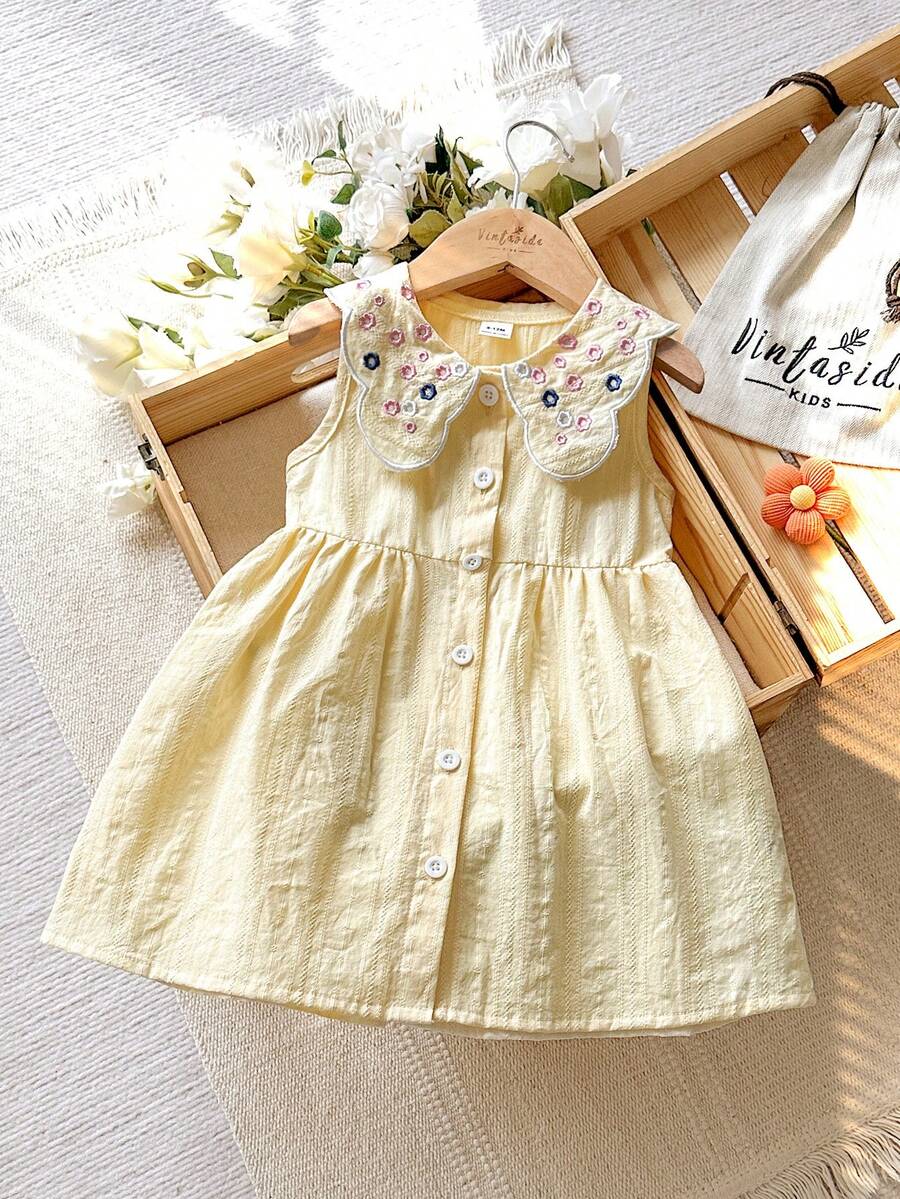 SHEIN Vintaside Kids 女婴可爱田园简约风高端刺绣图案背心和A字无袖公主竹纤维棉连衣裙，夏季 - 粉色 - 查看 1