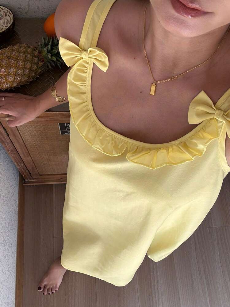 Sweet 3D Bow Decor Ruffle Trim Camisole Nightgown For Women