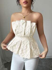 Rafferiza 女士奢华优雅花卉抹胸不对称上衣 - 杏色 - 查看 4