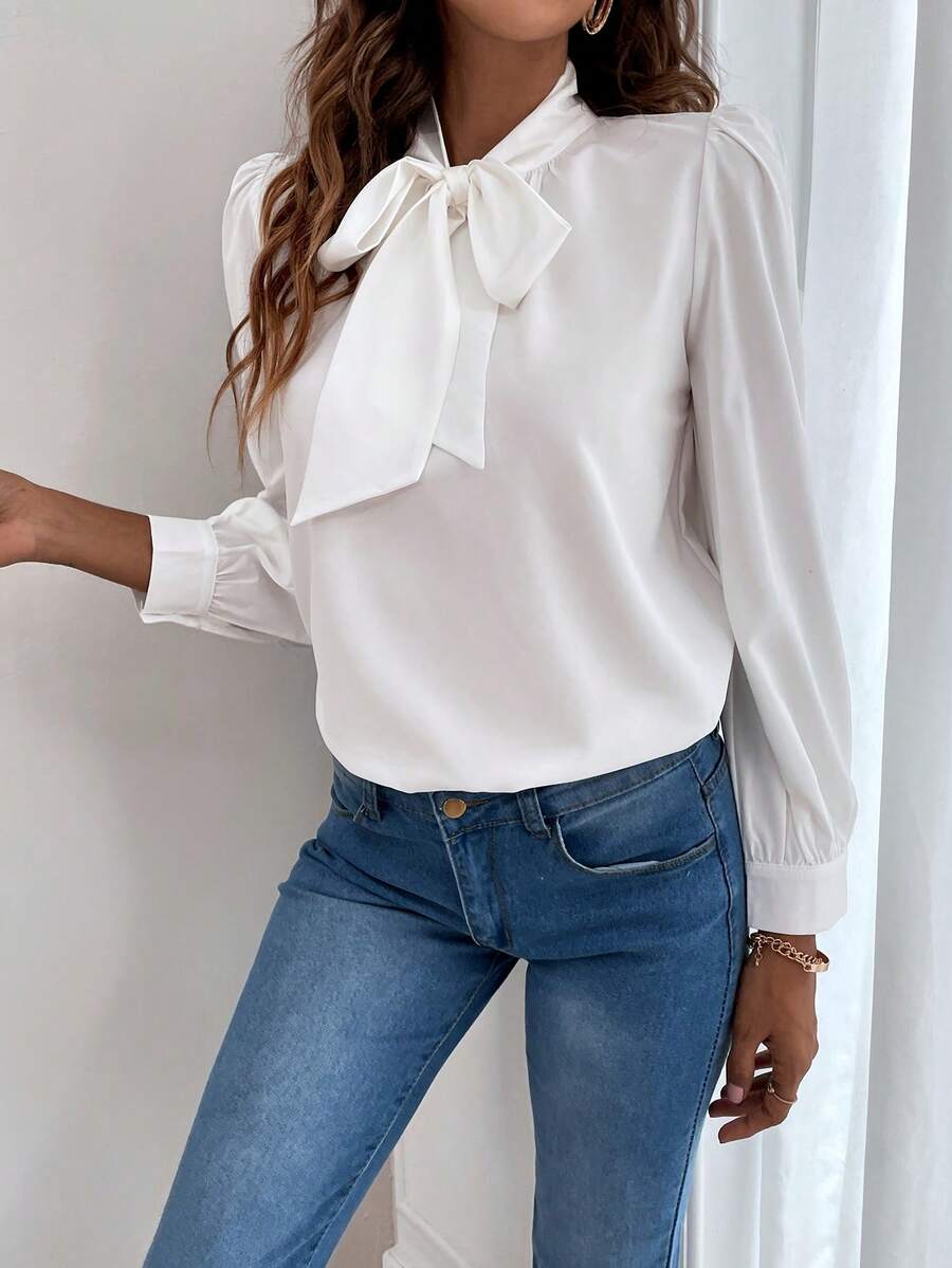 SHEIN Frenchy Solid Tie Neck Chiffon Blouse Winter White Spring Elegant - White - View 1