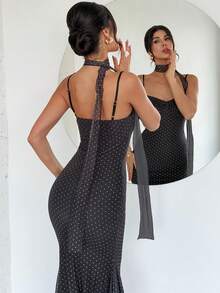 Firerie 女士新款复古黑色波点修身鱼尾连衣裙，时尚春夏连衣裙，性感优雅波点连衣裙，鱼尾裙，胸部褶皱设计，荷叶边吊带连衣裙，婚礼派对连衣裙，约会连衣裙，适合通勤，优雅，性感，度假，海滩，波西米亚风，夏威夷风，音乐节，派对，工作场合 - 黑色 - 查看 10