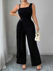 Elenzga Plus Size Women Elastic Knit Jumpsuit Pants, Metal Buckle, Asymmetric Design - Black - View 5