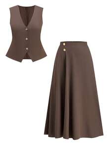 Comfylo Plus Size 2 Pieces Set: Sleeveless Top And Midi Skirt, Versatile For Commuting And Outings Brown Top Valentine's Day Birthday Elegant - Brown - View 2