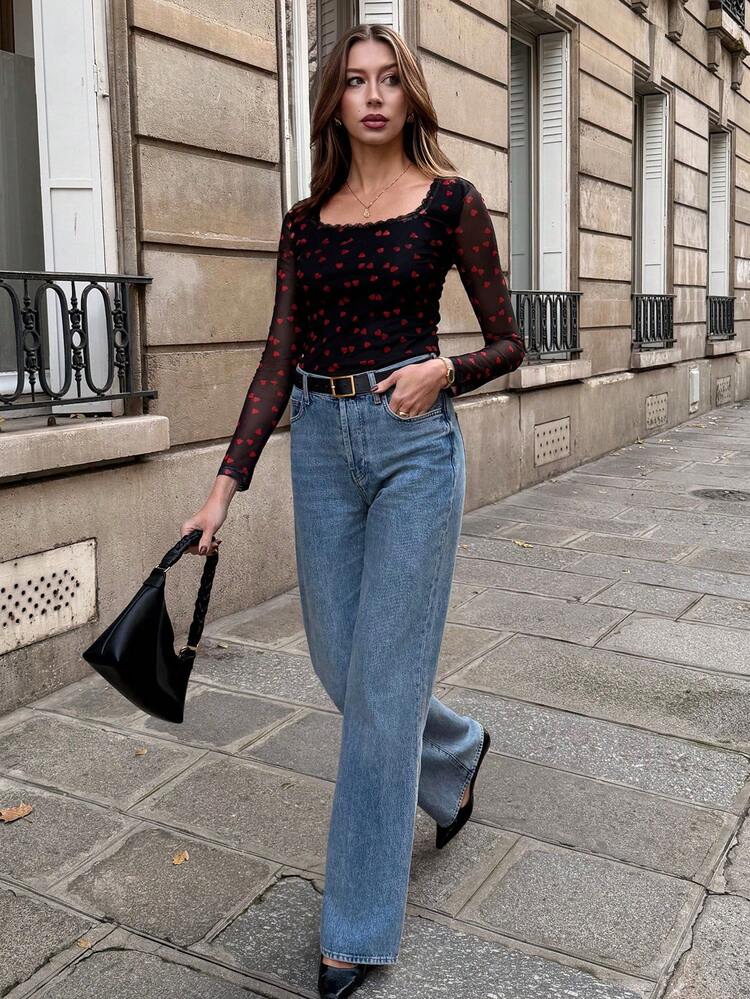 Pariaura 2026春夏新款针织爱心网纱T恤，柔软弹力面料，法式优雅风格，蕾丝领口，长袖宽领，适合外出、约会、情人节、派对、通勤等场合，女士春夏新款上衣 - 紅色和黑色 - 查看 3