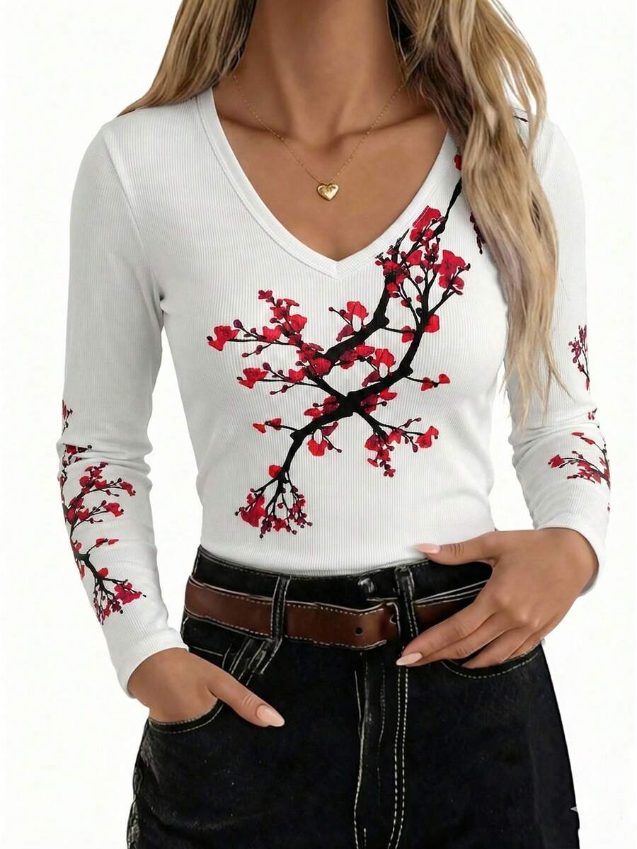 EMERY ROSE 女士V领印花修身长袖T恤 - 白色 - 查看 1