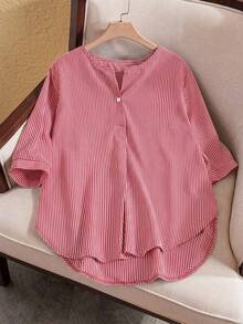 EMERY ROSE Plus Size Women Summer Casual Striped Print Short Sleeve Shirt, Summer Tops - Red - View 2