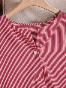 EMERY ROSE Plus Size Women Summer Casual Striped Print Short Sleeve Shirt, Summer Tops - Red - View 6