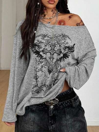 Coolane Spring Outfit Women's Plus Size Carnival Costume  Casual Women Outfits  Goth Grunge Y2K Graphic Tee  Cupid Graphics Comfortable Asymmetrical Neck Knit Off The Shoulder Grey Long Sleeve T-Shirt X Rafael Machado Y2k Graphic Tee