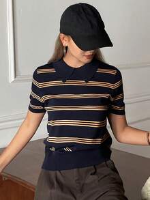 Livesso Women's Striped Collar Short Sleeve Casual Knit Top - Navy Blue - View 6
