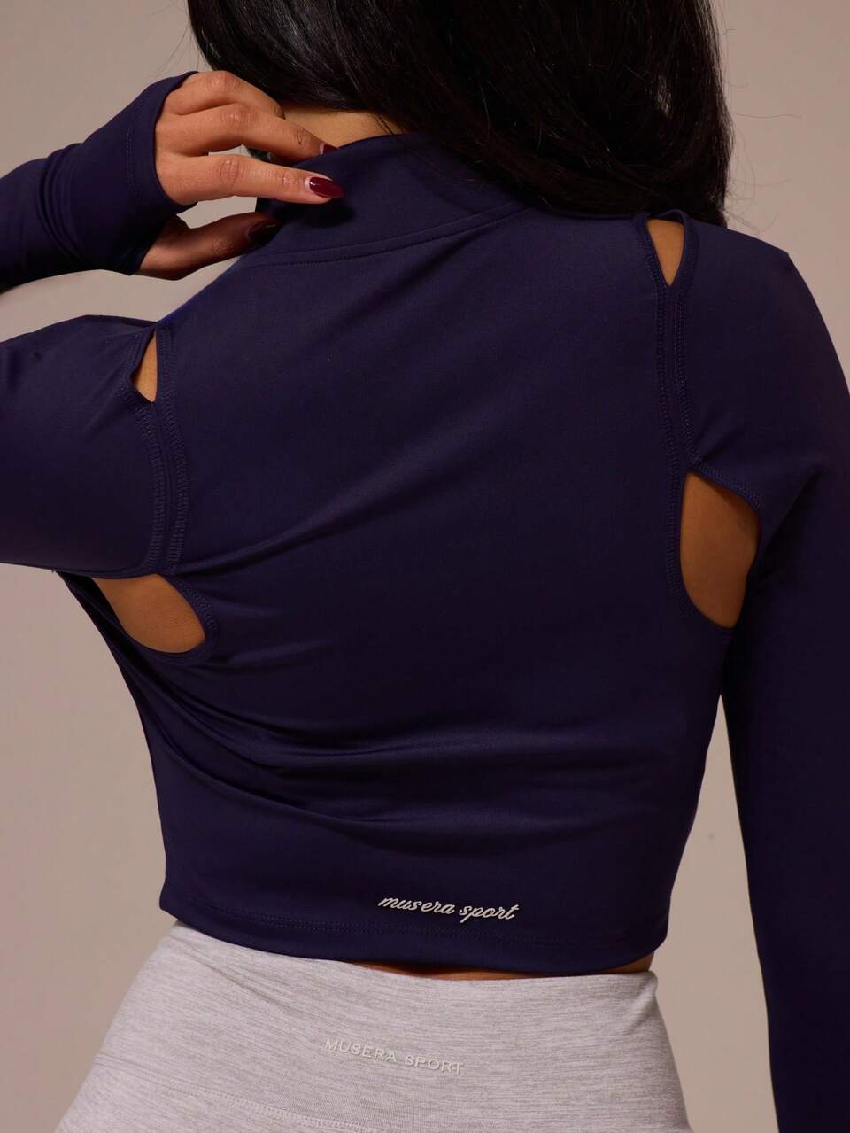 Active High Neck Cut Out Back Zip Through Long Sleeve CropTop Winter Wear Gym Workout Alloy