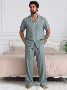 DAZY Conjunto de pijama de camisa de manga corta y pantalones cortos de color azul sólido para hombres, primavera/verano - Azul - Ver 3