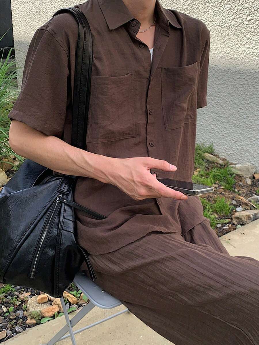 DAZY Men's Solid Gray Short Sleeve Shirt And Pants Set, Spring/Summer - Grey - View 1