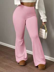 Slaydiva 女士纯色高腰弹力收腹瑜伽裤 - 粉色 - 查看 5