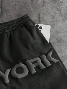 AXEPEAK 男士字母压纹抽绳腰休闲时尚街头短裤 - 黑色 - 查看 4