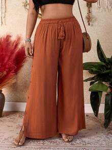 SHEIN Swim Plus Size Women's Vacation Fringe Drawstring Waist Loose Wide Leg Jumpsuit - Rust Brown - View 6