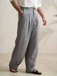 Manfinity Dauomo Men's Pleated Casual Pants With Pockets And Belt Loops, Loose Plaid Design - Multicolor - View 3