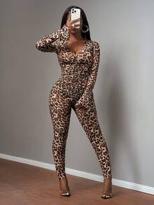 Slaydiva 新款春夏音乐节情人节休闲简约基础款Y2K街头甜美网络爆款畅销日常约会辣妹风性感透视深V领长袖长裤侧褶豹纹紧身连体裤 - 彩色 - 查看 4