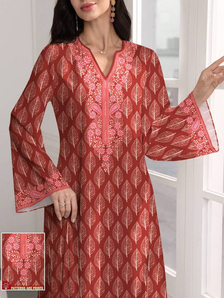 SHEIN Najma 女士叶子佩斯利花卉数码印花V领长袖优雅阿拉伯风格连衣裙，春夏款 - 彩色 - 查看 1