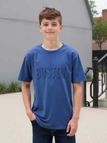 Camiseta de manga corta con patrón de letras 3D sencillo, estilo informal para niño preadolescente, adecuada para el verano, mezcla de algodón apta para uso diario, escuela, viajes, deportes y primavera-verano - Azul - Ver 8