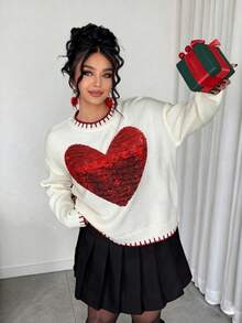 Elenzga Women's Red And White Elegant Fashion Cute Bow Tie Long Sleeve Loose Plus Size Sweater,Autumn Valentine's Day Jumper For Woman Everyday Sweater Tops - White - View 3