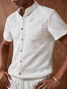 AKNOTIC Business Casual Manfinity Modomio 男士两件套梭织立领修身短袖休闲衬衫套装，适合日常穿着、沙滩男士衬衫、沙滩男士衬衫、男士正装衬衫、男士短裤套装、两件套沙滩套装 - 白色 - 查看 3