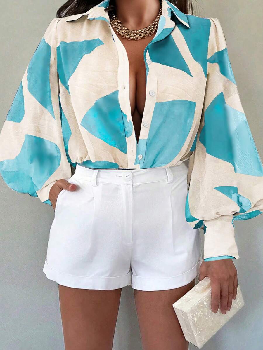 Weeklong Cămașă casual cu nasturi și imprimeuri aleatorii pentru femei, mărime plus