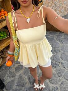 Breezaya Áo croptop hai dây màu vàng nhạt cỡ lớn - kiểu dáng phồng, thời trang và thanh lịch, thích hợp mặc hàng ngày vào mùa xuân và mùa hè. - Màu vàng - Xem 5