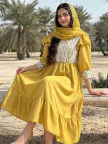 Teen GirlFestive Middle Eastern Satin Patchwork Embroidered Pattern Princess Puff Sleeve Princess Dress - Yellow - View 1
