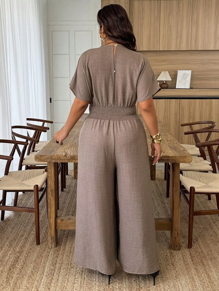 Weeklong Mono de manga de murciélago con fruncido para mujer talla grande, con botón a presión en la cintura, informal - Marrón - Añade 2